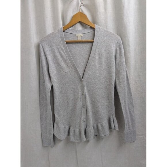 Hinge womens size small light gray cardigan sweater with ruffle detail v neck H1 - Picture 1 of 7